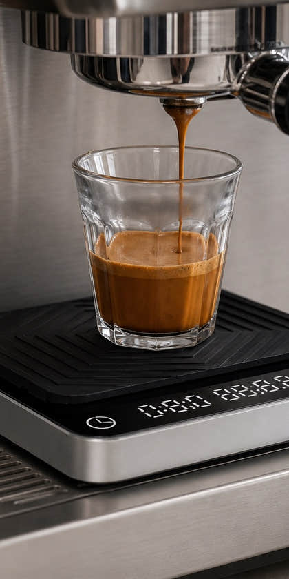 Espresso-Ausbeute gemessen in einem klaren Glas auf einer kompakten Kaffeewaage und Silikon-Pad