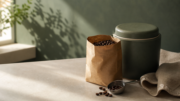 Opened bag of roasted coffee beans next to an opaque airtight canister on a kitchen counter in natural light