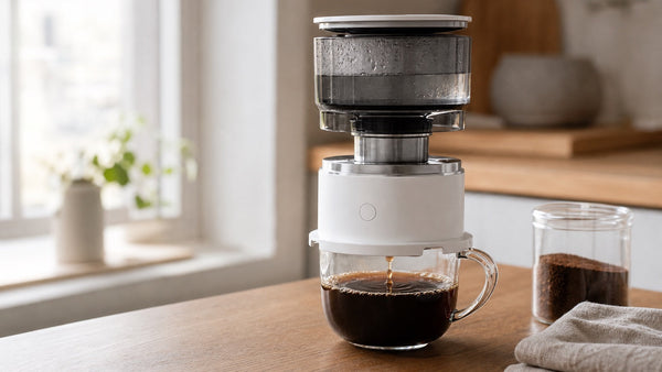 Portable hand brew coffee maker dripping fresh coffee into a glass cup in a bright kitchen
