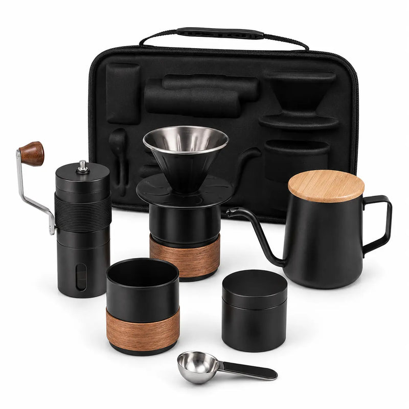 6-teiliges Pour-over-Kaffeeset – Handmühle, Schwanenhals-Wasserkocher & Reisekoffer - Produktbild