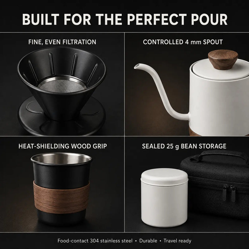 6-teiliges Pour-over-Kaffeeset – Handmühle, Schwanenhals-Wasserkocher & Reisekoffer - Produktbild