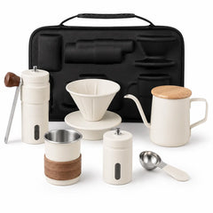 6-teiliges Pour-over-Kaffeeset – Handmühle, Schwanenhals-Wasserkocher & Reisekoffer