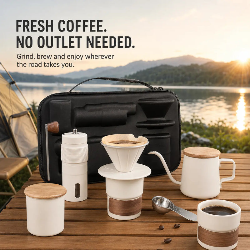 6-teiliges Pour-over-Kaffeeset – Handmühle, Schwanenhals-Wasserkocher & Reisekoffer - Produktbild