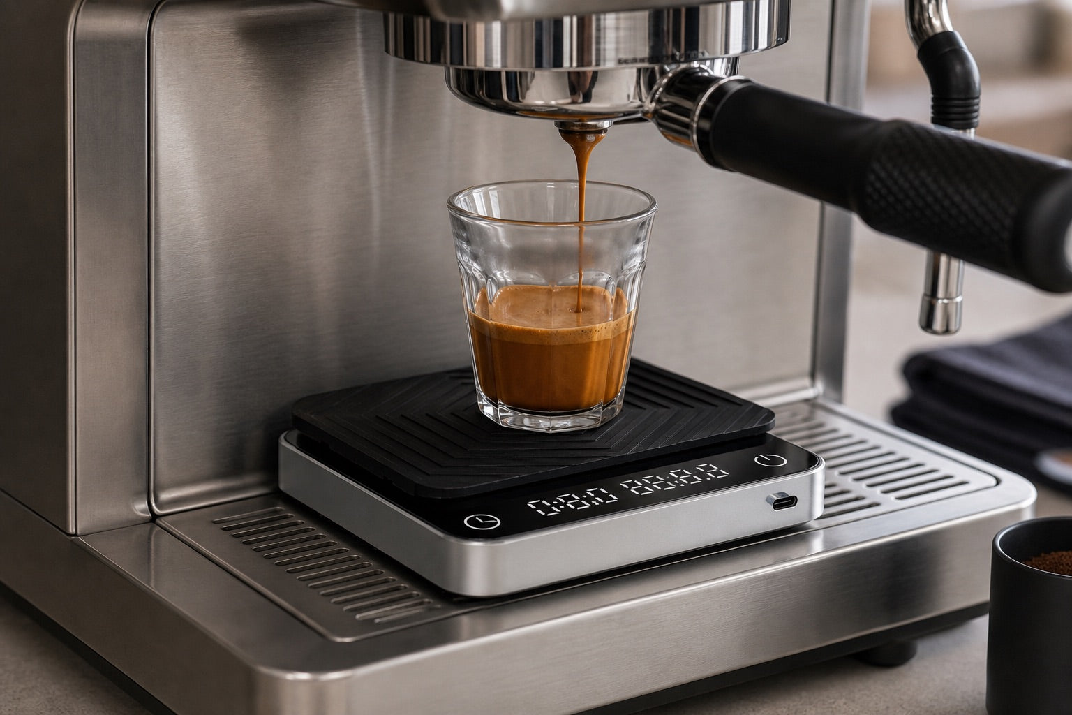 Espresso-Ausbeute gemessen in einem klaren Glas auf einer kompakten Kaffeewaage und Silikon-Pad