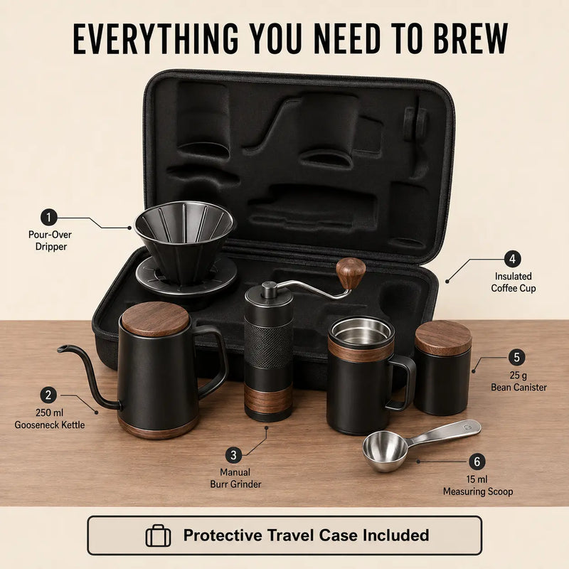 6-teiliges Pour-over-Kaffeeset – Handmühle, Schwanenhals-Wasserkocher & Reisekoffer - Produktbild
