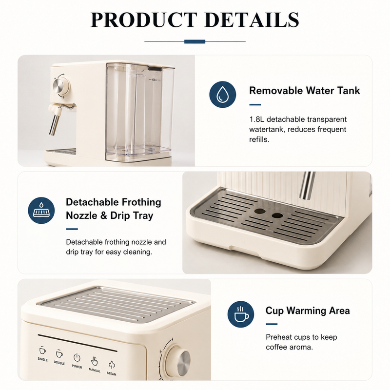 20 Bar Espresso Machine with Steam Wand & 1.8L Tank: water tank details