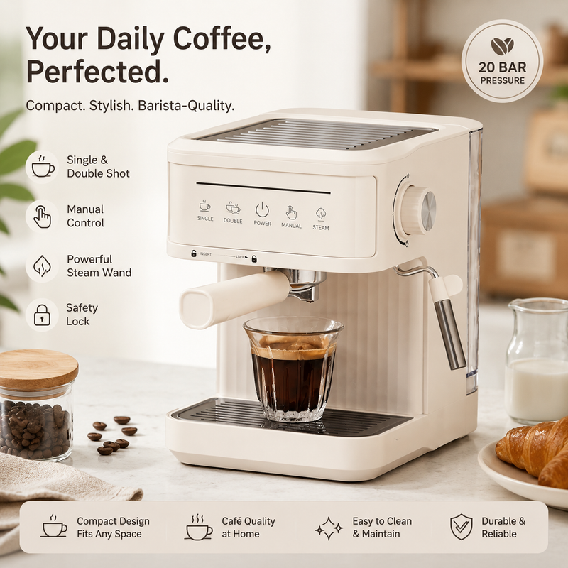 Yozcoffee 20 bar espresso coffee maker in cream making a single shot with steam wand and cup warmer