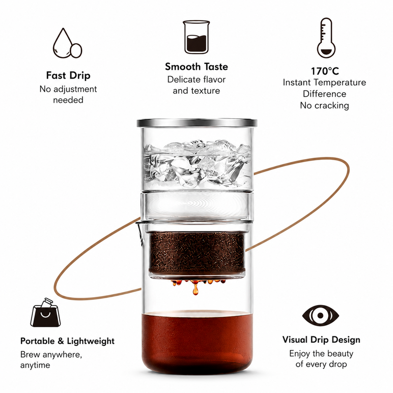 Yozcoffee 300ml cold drip coffee maker feature overview with fast drip smooth taste and portable design