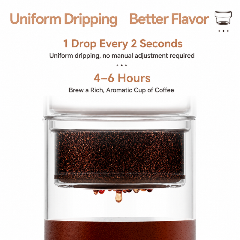 Yozcoffee 300ml ice drip coffee maker showing uniform dripping one drop every two seconds