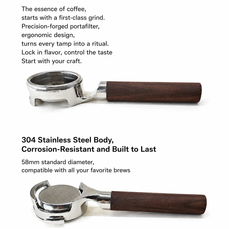 E61 Bottomless Portafilter 58mm Walnut Wood Handle Gold/Silver: stainless steel feature card
