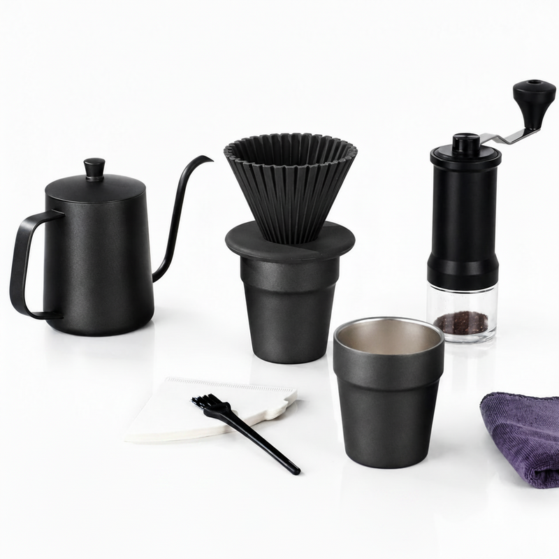 Pour Over Coffee Set 9-Piece Burr Grinder Dripper Kit Black: portable travel layout