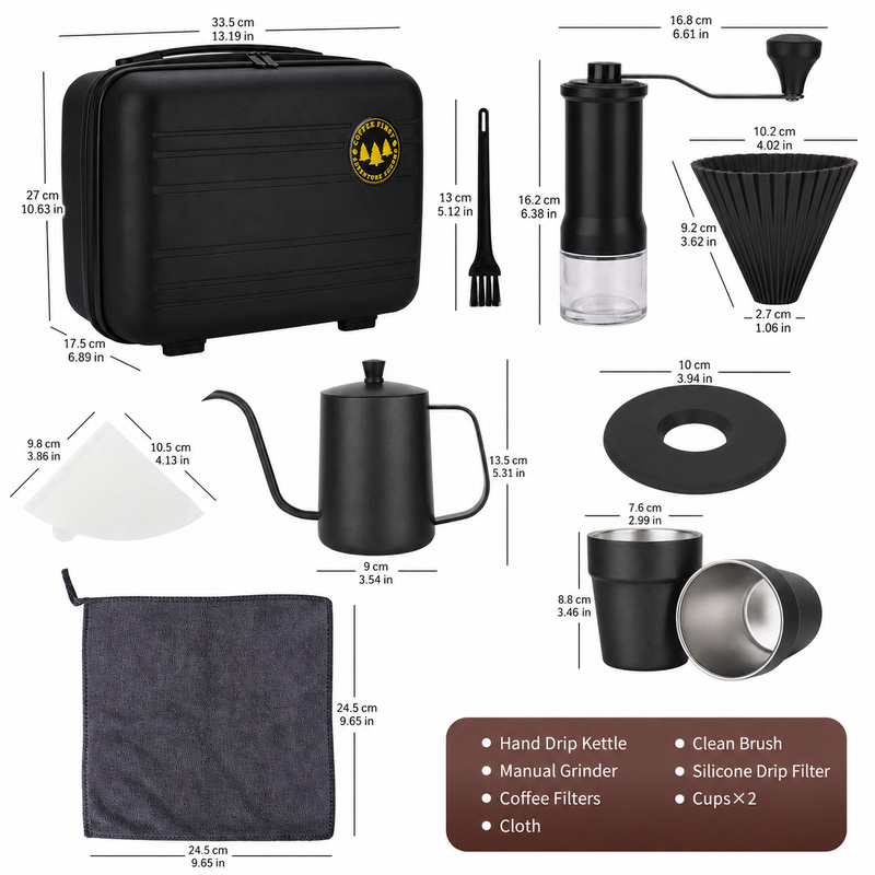 Pour Over Coffee Set 9-Piece Burr Grinder Dripper Kit Black: portable travel dimensions