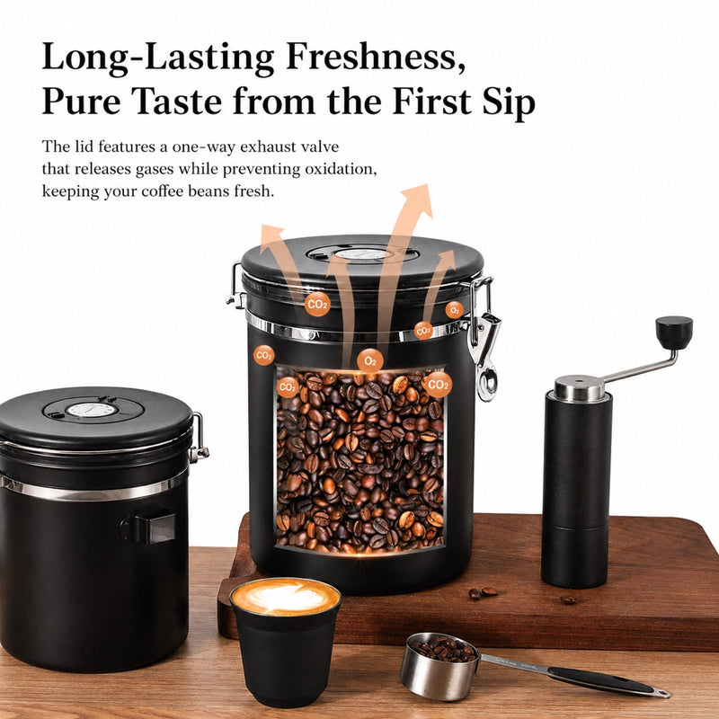 Airtight Coffee Canister 1.5-2.8L 304 Stainless Steel One-Way: yozcoffee airtight coffee canister 304 stainless steel one (7)