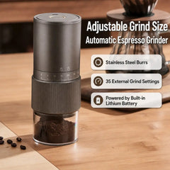 Yozcoffee Automatische Espressomühle 35 Mahlgradeinstellungen USB-C wiederaufladbares Kegelmahlwerk aus Edelstahl