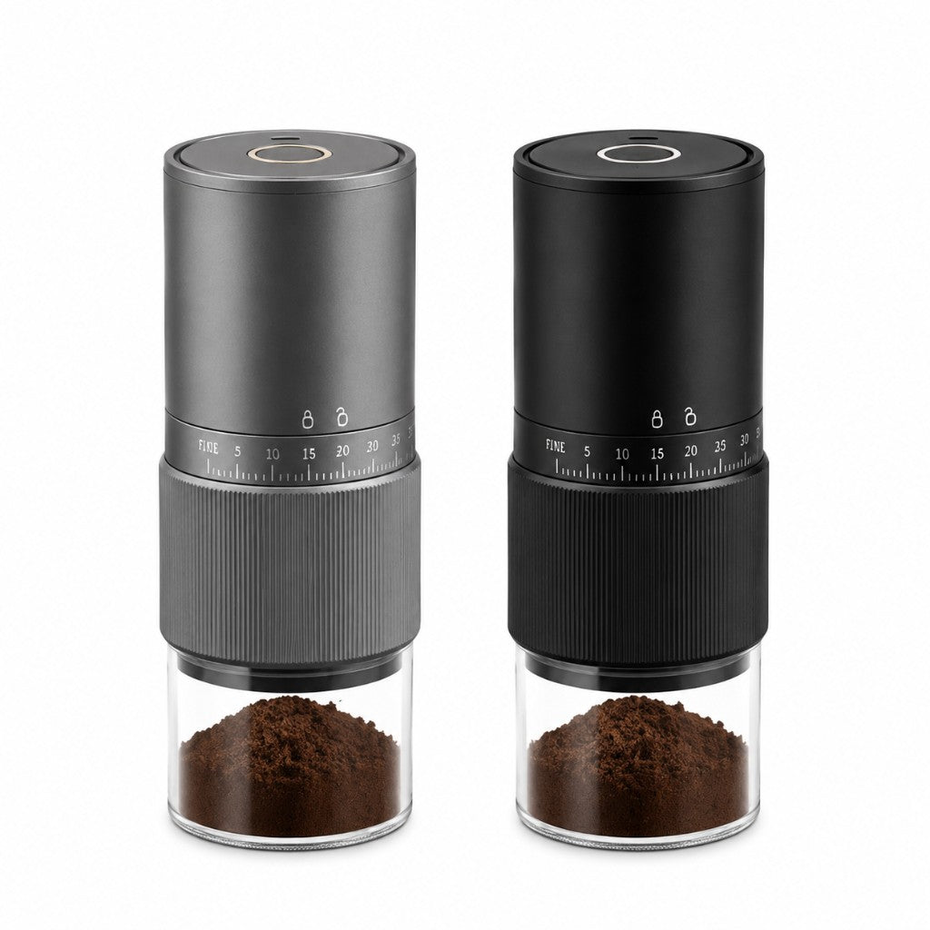 Yozcoffee automatic espresso grinder in gray and black color options with ground coffee container