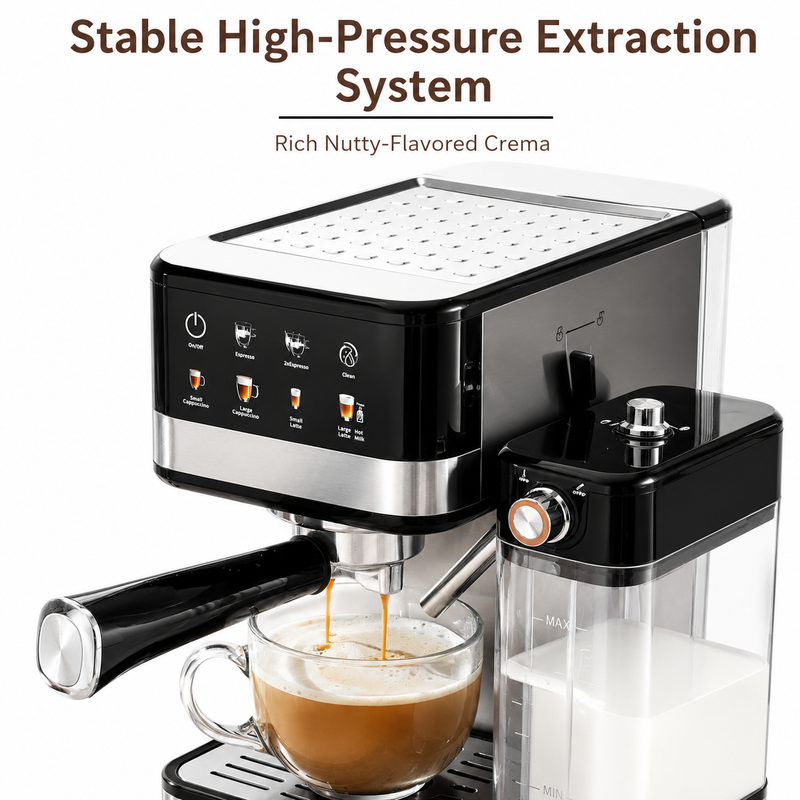 Yozcoffee automatic espresso maker with stable high pressure extraction and milk frothing container