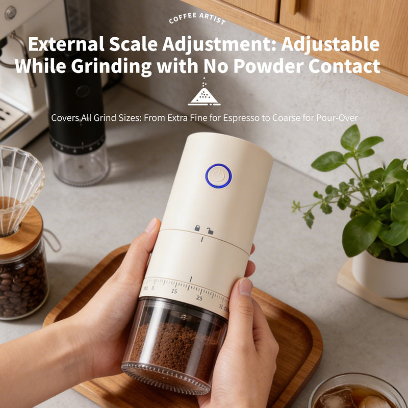 Yozcoffee electric coffee grinder external scale adjustment with coffee grounds bin for espresso and pour over grind sizes