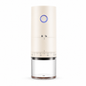 Yozcoffee milk tea color electric coffee grinder with blue power button and transparent grounds bin