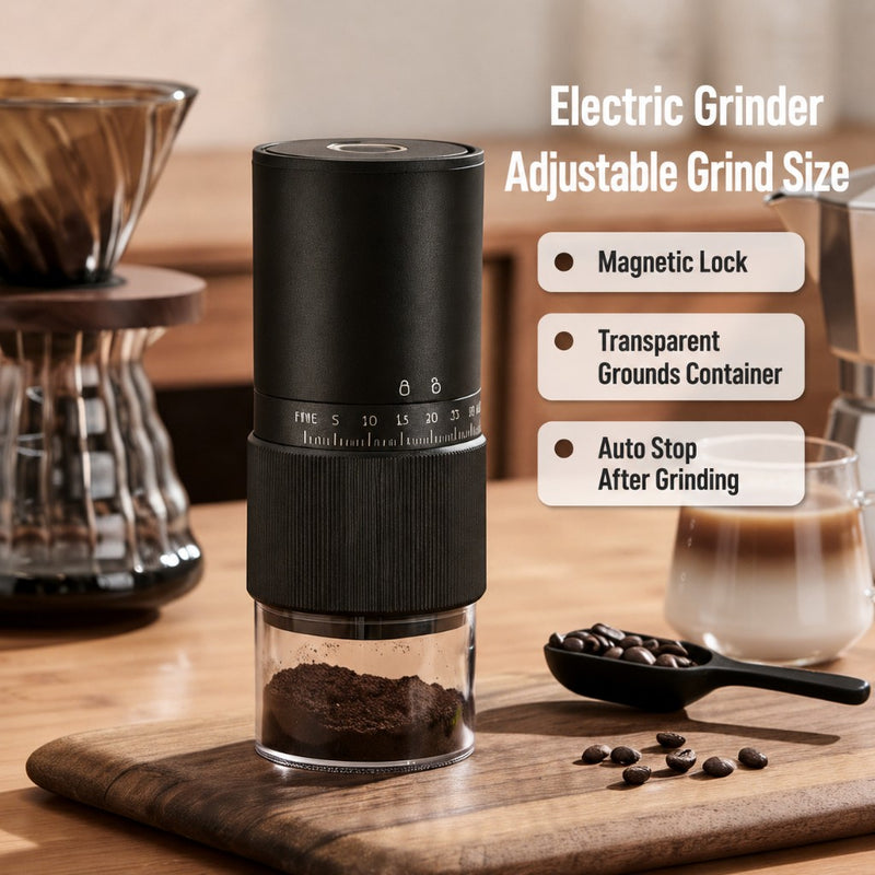Yozcoffee electric grinder showing magnetic lock transparent grounds container and auto stop features