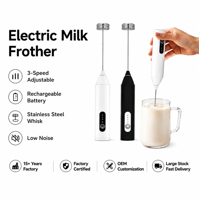 Yozcoffee Electric Milk Frother in white and black showing 3-speed adjustable motor, rechargeable battery, stainless steel whisk, and low-noise operation features