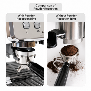 Alternate view of Espresso Dosing Funnel 51/53/58mm Magnetic Stainless Steel: spill reduction comparison