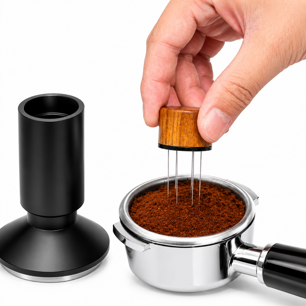 2-in-1 Espresso Tamper & Magnetic Distributor - in use