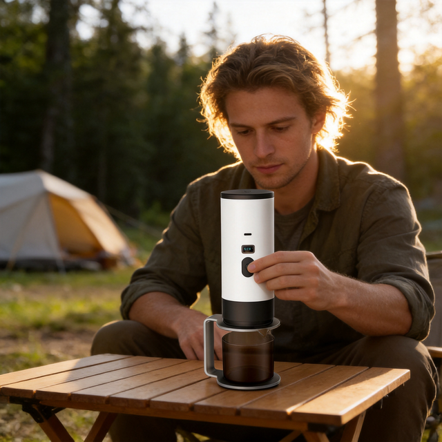 Alternate view of Yozcoffee portable capsule espresso maker used outdoors for camping coffee