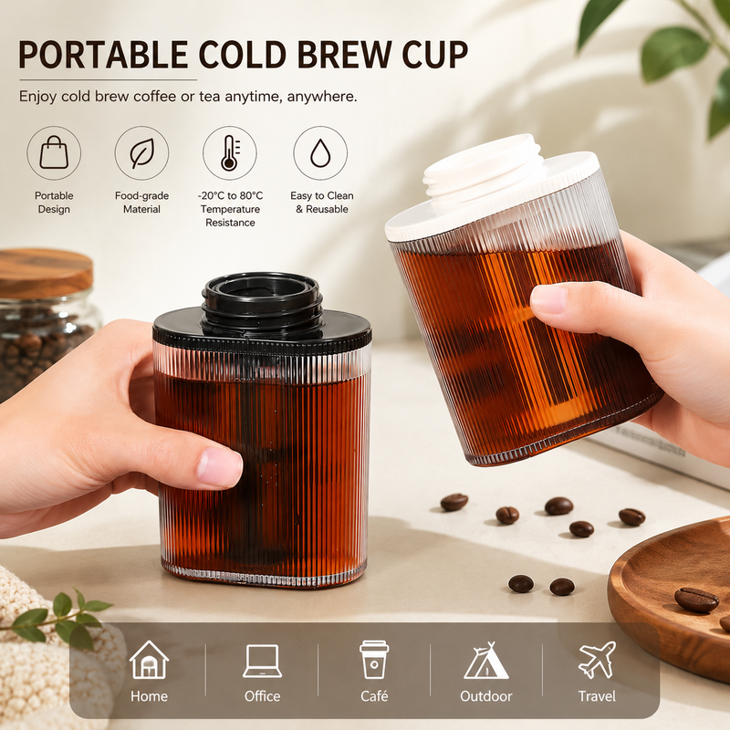 Yozcoffee portable cold brew cup with ribbed clear body for home office cafe outdoor and travel use