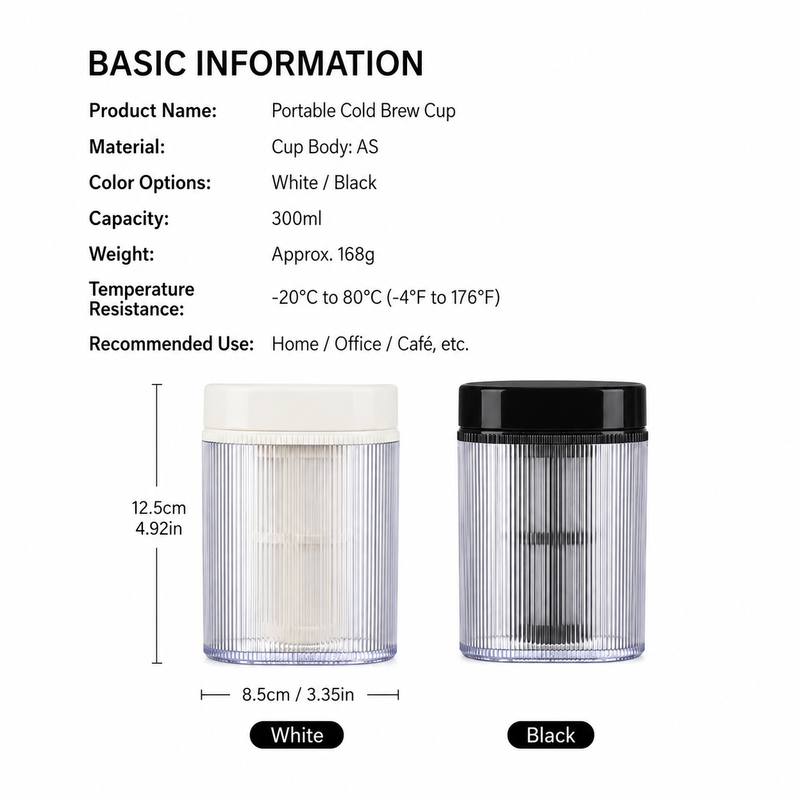 Yozcoffee portable cold brew cup specifications with 300ml capacity white and black color options
