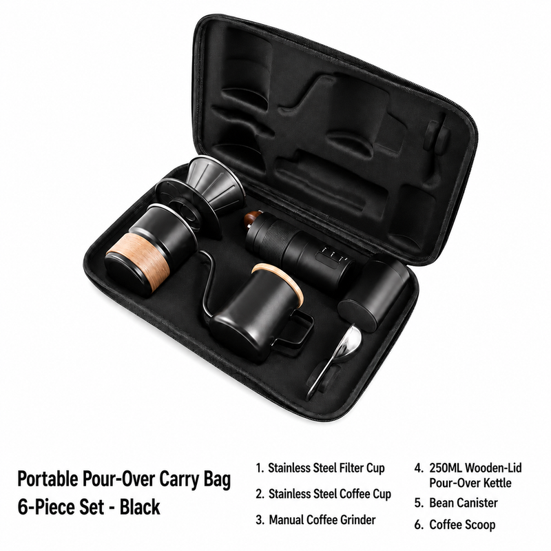 Yozcoffee black 6-piece portable pour-over carry bag set with stainless steel filter cup coffee cup grinder kettle canister and scoop