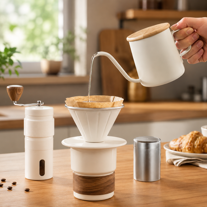 Yozcoffee portable pour-over coffee set brewing coffee with gooseneck kettle and stainless steel dripper at home