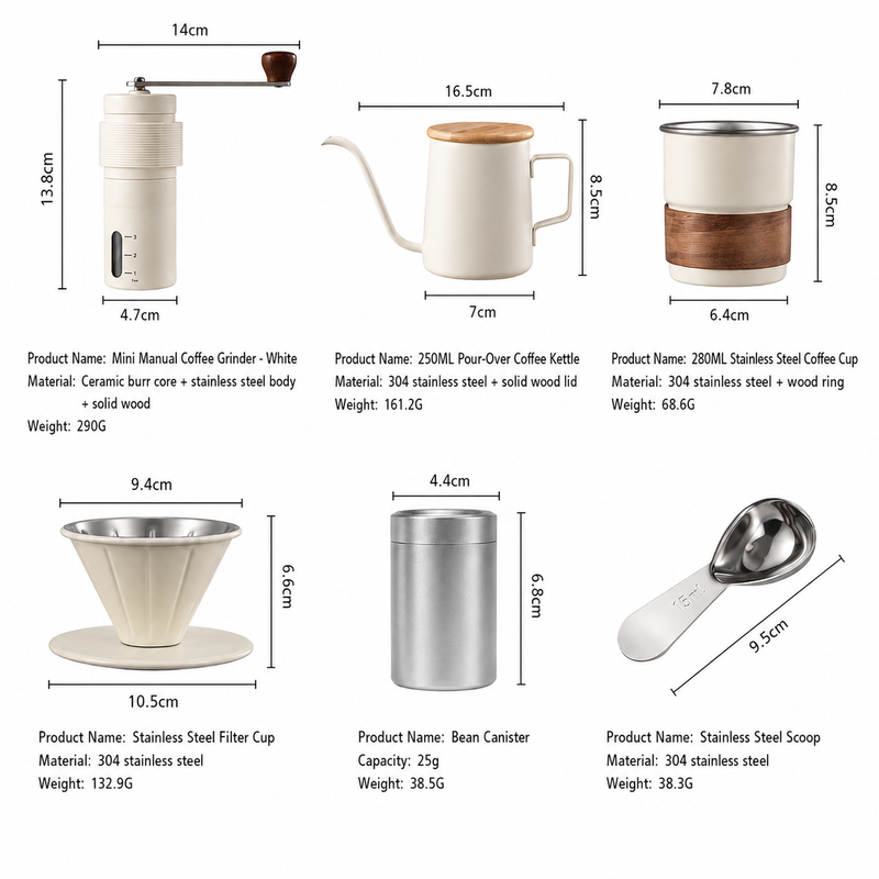 Yozcoffee portable pour-over coffee set specifications for grinder kettle stainless steel cup filter cup canister and scoop