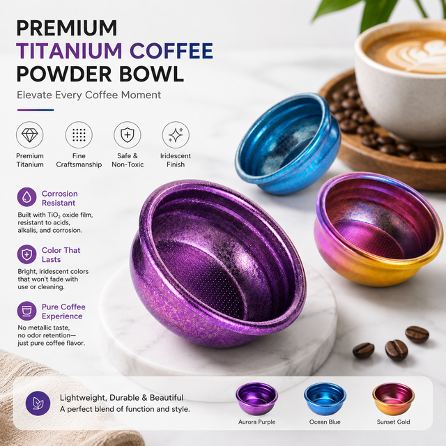Alternate view of Yozcoffee premium titanium coffee powder bowl with iridescent finish shown with coffee beans