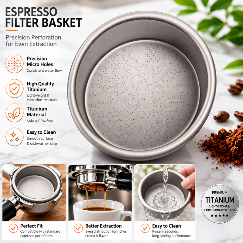 Yozcoffee pure titanium 58mm 18g espresso filter basket with precision micro holes and portafilter fit