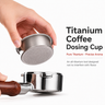 Yozcoffee titanium coffee dosing cup filter basket shown fitting a standard espresso portafilter