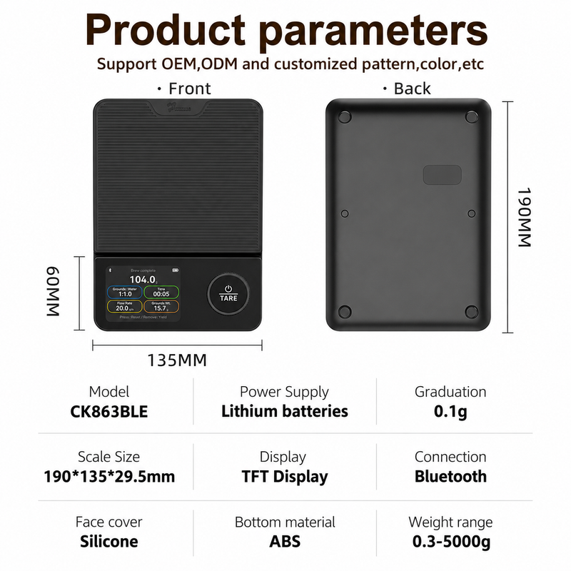 Smart Bluetooth Coffee Scale, 5kg / 0.1g Precision: specifications infographic