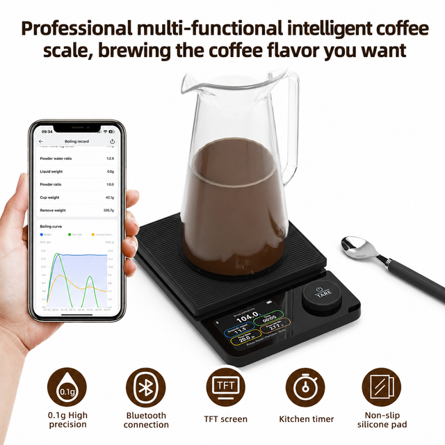 Alternate view of Yozcoffee smart coffee scale showing brewing record app and pour over data graph