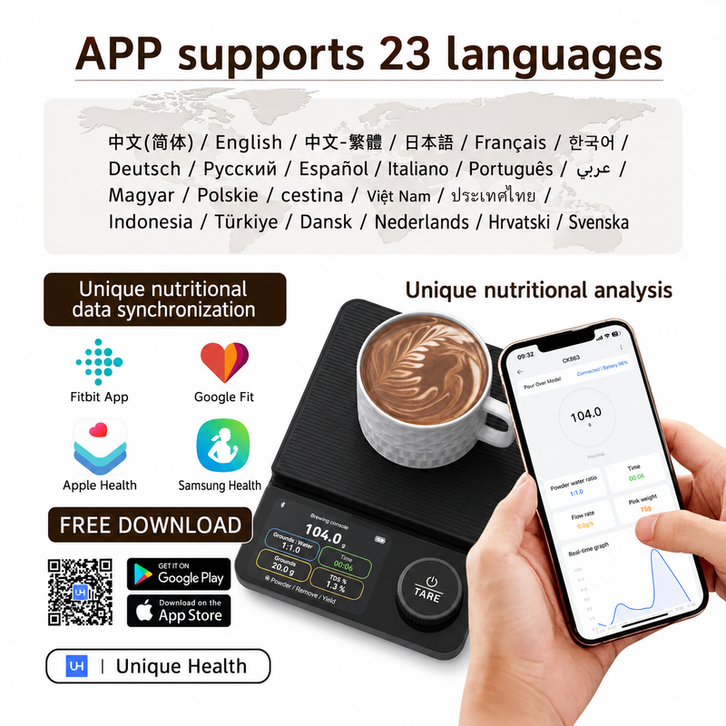 Yozcoffee smart coffee scale app support for 23 languages and Unique Health mobile app