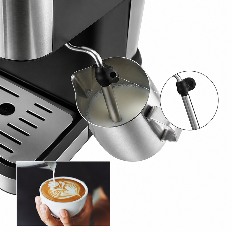 Yozcoffee espresso machine steam wand frothing milk in a stainless steel pitcher for latte art