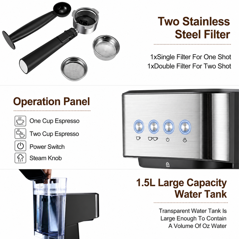 Yozcoffee espresso machine operation panel two stainless steel filters and 1.5 liter removable water tank