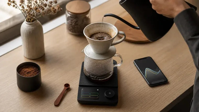 Yozcoffee-Pour-Over-Brauen auf einer intelligenten Skala mit Telefon-Brau-Timer